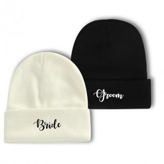 White Black Beanie Hat Set with Bride Groom Wedding Gift